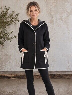 Linea Domani Black White Hooded Cardigan Sweater Coat Minimalist Size M